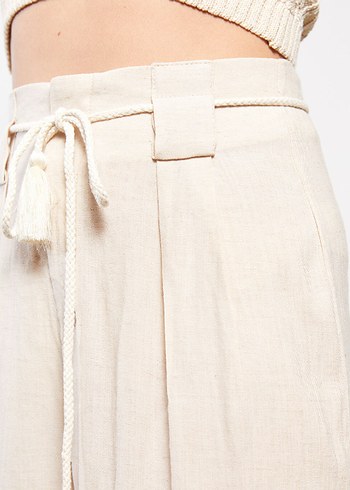 Bej Kemerli Keten Kadın Pantolon - Görsel 2