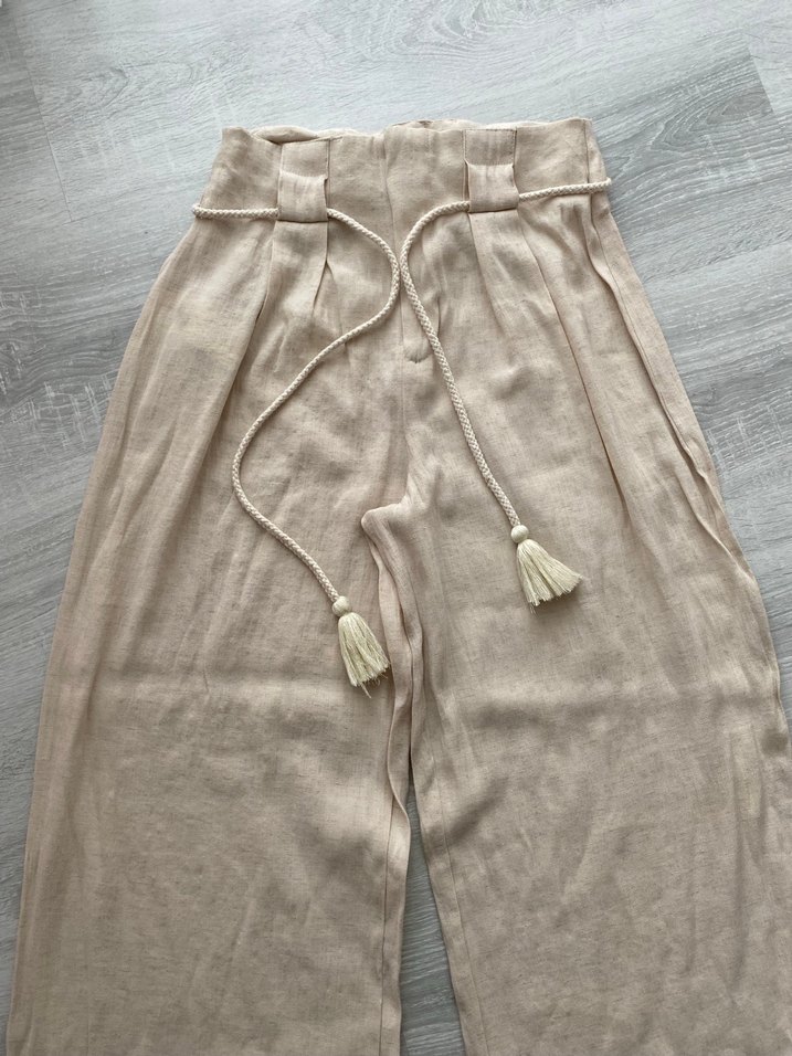Bej Kemerli Keten Kadın Pantolon - Görsel 5