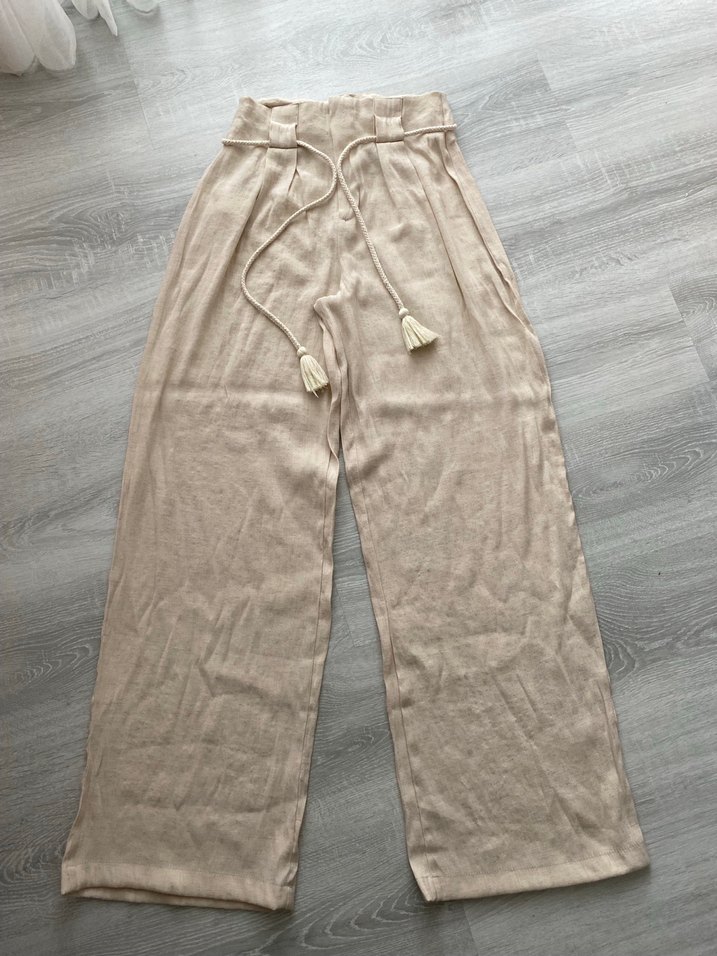 Bej Kemerli Keten Kadın Pantolon - Görsel 4