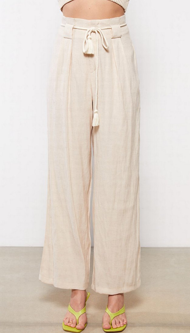 Bej Kemerli Keten Kadın Pantolon - Görsel 3