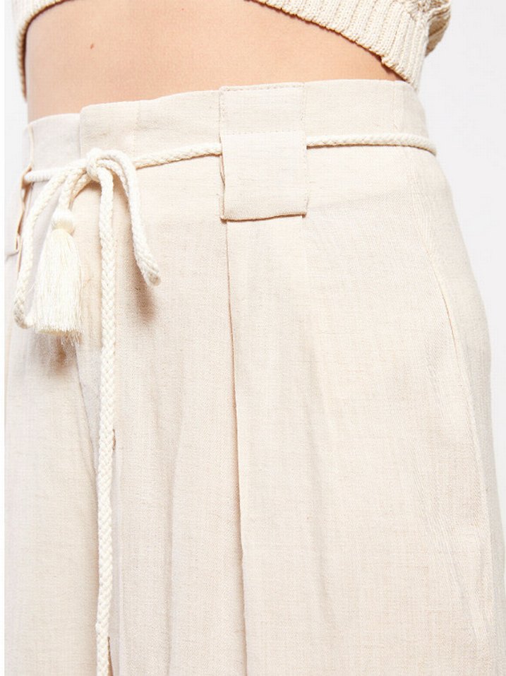 Bej Kemerli Keten Kadın Pantolon - Görsel 2