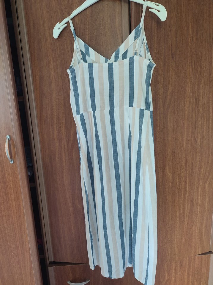 Elbise Bej Çizgili Uzun Askılı - Görsel 2