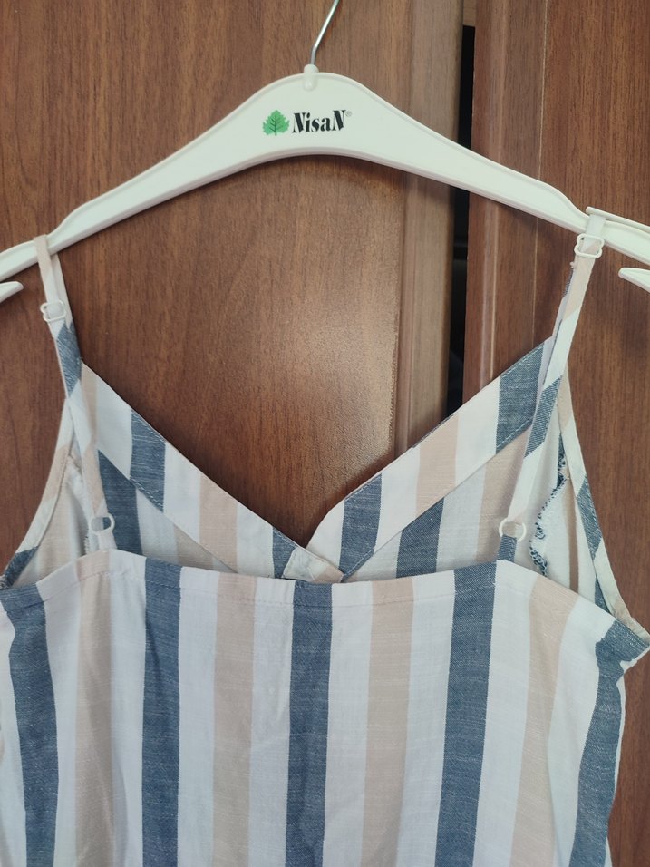 Elbise Bej Çizgili Uzun Askılı - Görsel 5