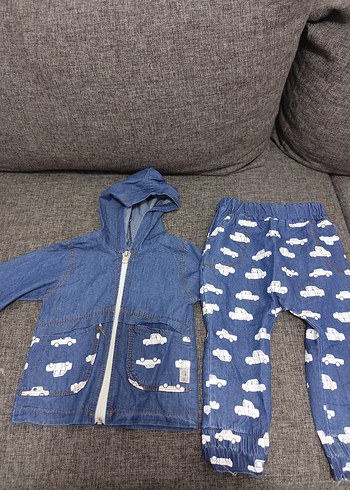 Kapüşonlu Fermuarlı Kot Bebek Takımı - Görsel 2