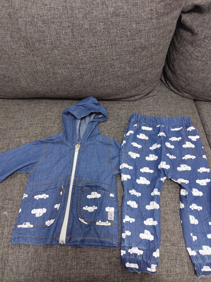 Kapüşonlu Fermuarlı Kot Bebek Takımı - Görsel 2