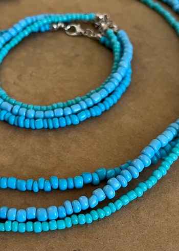 Turkuaz Boncuklu kolye ve bileklik seti - Görsel 2