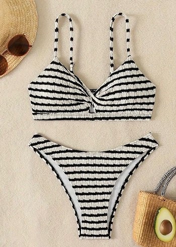 Beyaz Siyah Zebra Desenli Triko Bikini