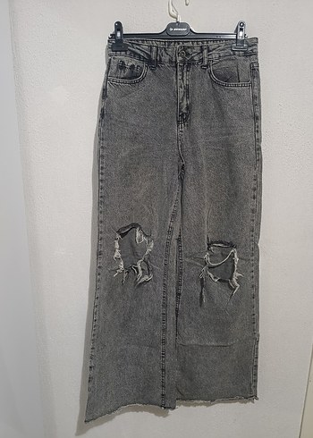 Gri Bol Kesim Yırtık Kadın Uzun Kot Pantolon