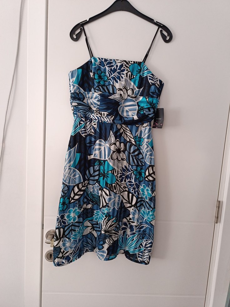 Mavi Desenli Mini İnce Askılı Elbise - Görsel 1