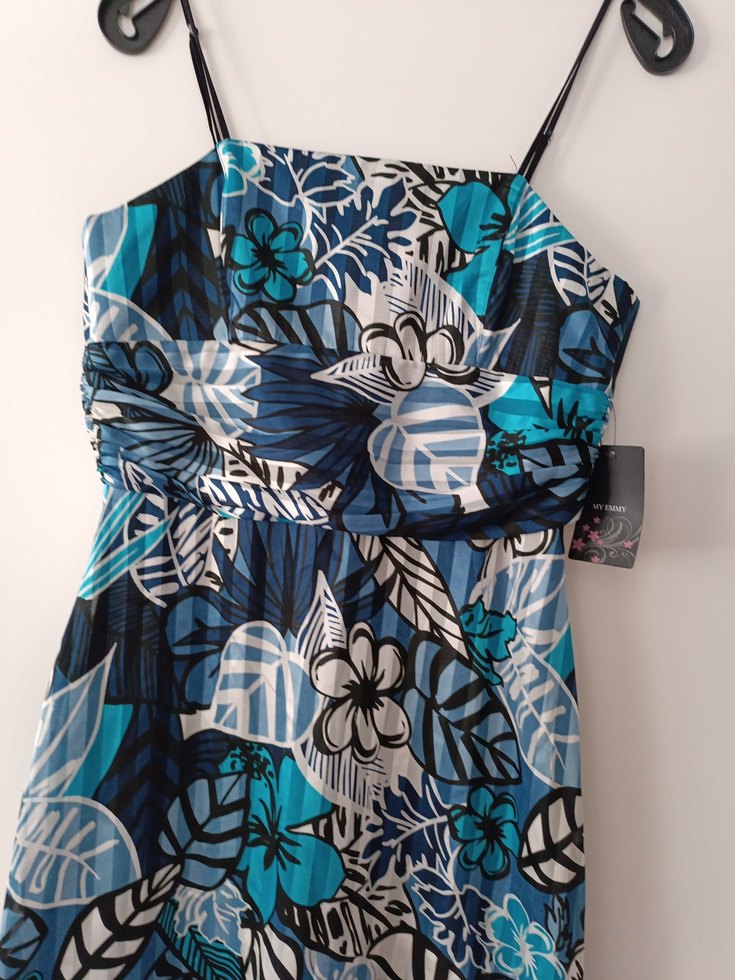 Mavi Desenli Mini İnce Askılı Elbise - Görsel 2