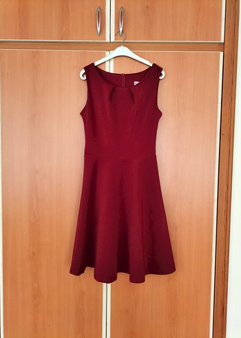 Bordo Midi Kolsuz Drapeli Elbise