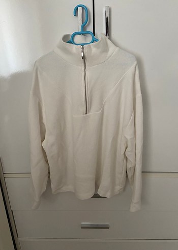 m Beden beyaz Renk Beyaz Yarım Fermuarlı Yüksek Yakalı Sweatshirt