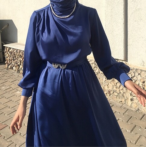 Beblue Saten Taşlı Mavi Elbise
