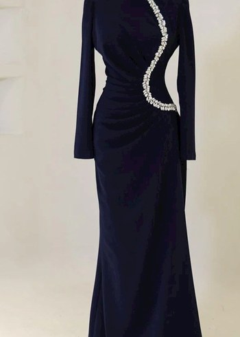 Lacivert İşlemeli Uzun Kollu Abiye Elbise KIRALIK - Görsel 4