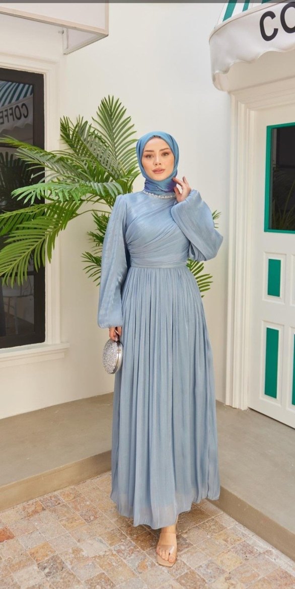 Uzun Kol Drapeli Turkuaz Abiye Elbise SATILIK - Görsel 2