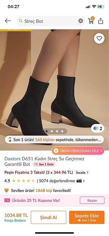 35 Beden Siyah streç topuklu çorap bot