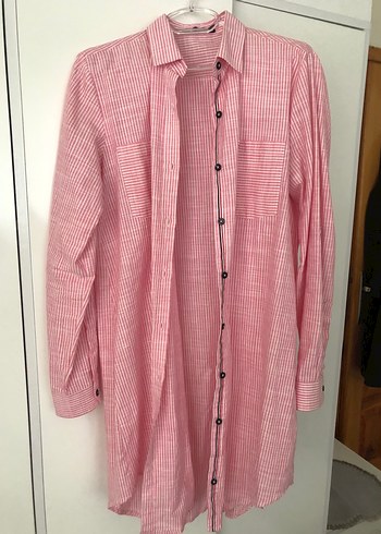 Pembe Düğmeli Keten Uzun Kollu Gömlek
