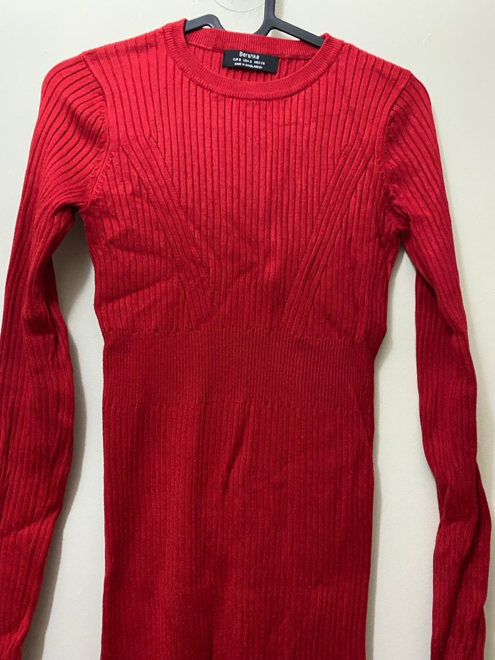 Kırmızı Uzun Kollu Triko Kadın Elbise - Görsel 3