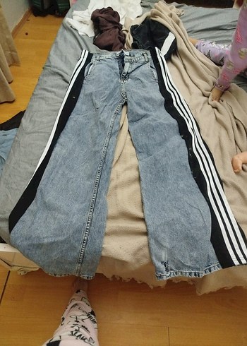 Zara Çizgili Gri Mavi Bol Kesim Kot Pantolon