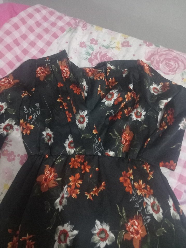 Siyah Çiçek Desenli Uzun Bohem Elbise - Görsel 2