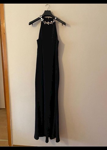 Çiçek zincir  Detaylı Siyah Uzun Abiye Elbise Gusto - Görsel 2