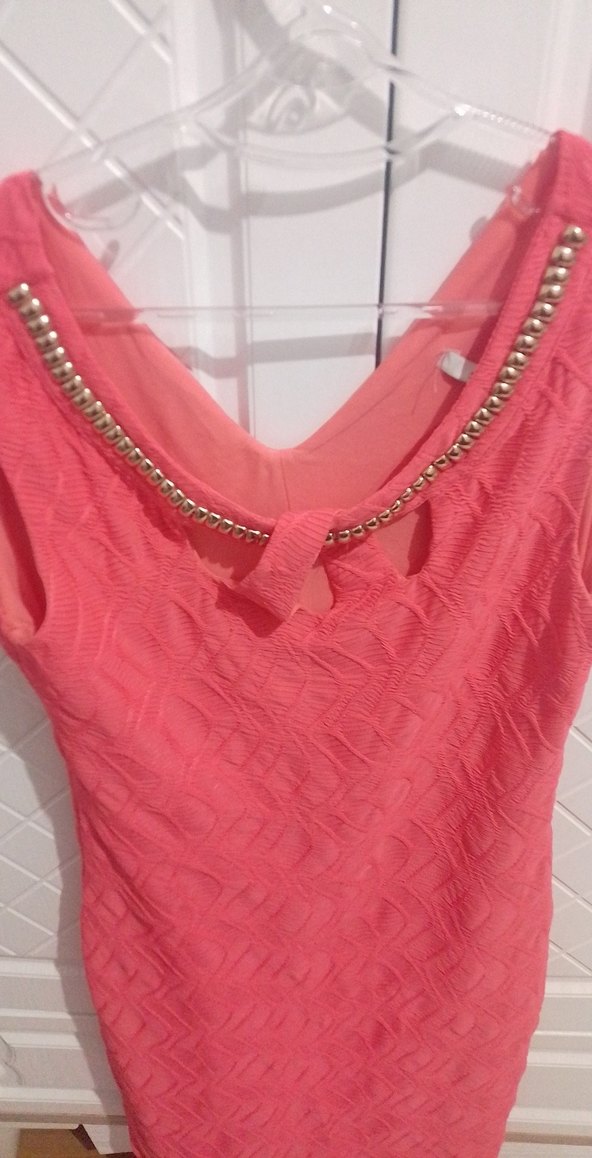 Zincir Detaylı Pembe V Yaka Midi Elbise - Görsel 2