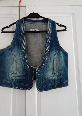 Düğmeli Kısa Mavi Denim Yelek