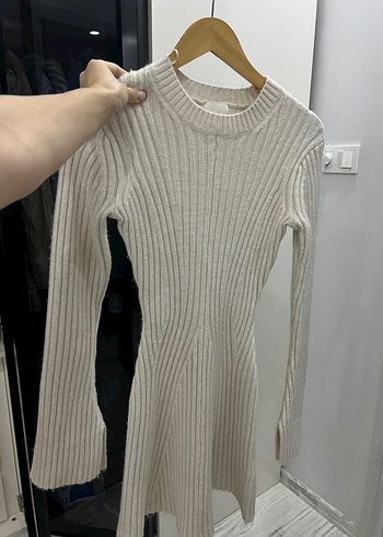 Bej Lastik Örgülü Yün Elbise - Görsel 3