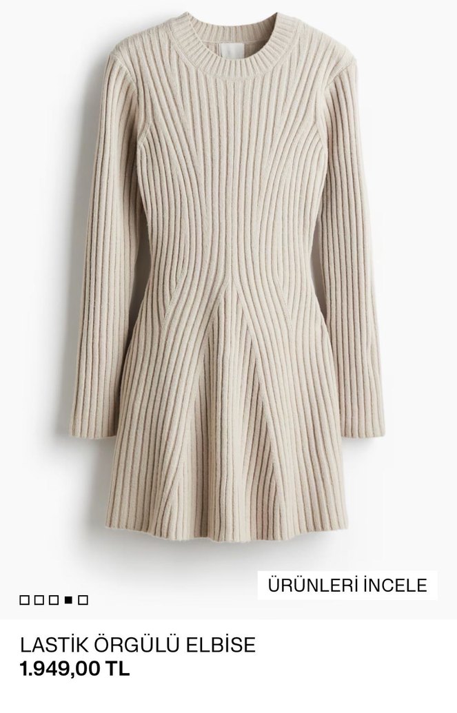 Bej Lastik Örgülü Yün Elbise - Görsel 2