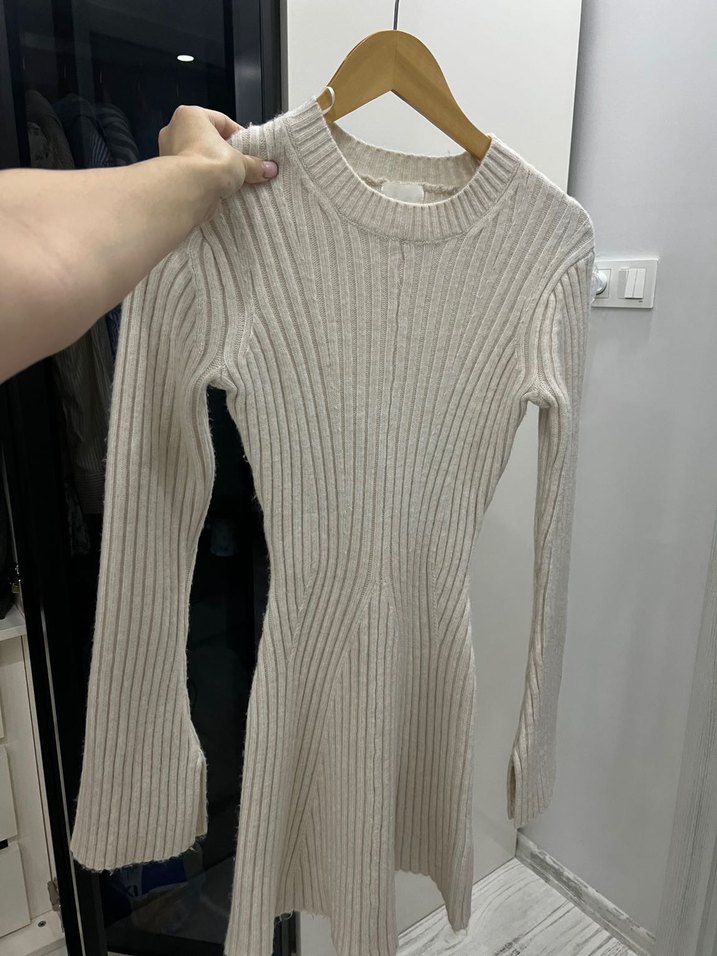 Bej Lastik Örgülü Elbise - Görsel 3