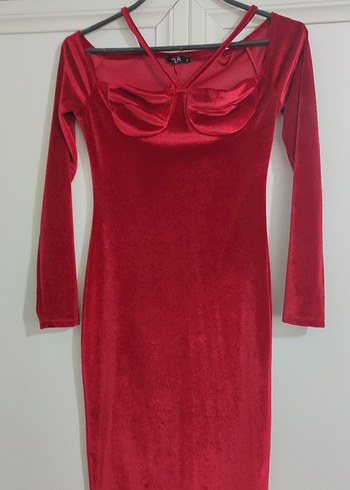 Uzun Kollu Drapeli Kırmızı Kadın Kalem Elbise - Görsel 7