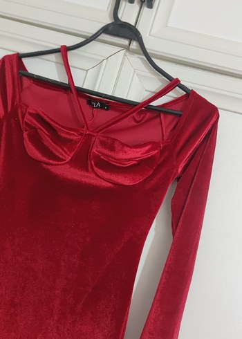 Uzun Kollu Drapeli Kırmızı Kadın Kalem Elbise - Görsel 6