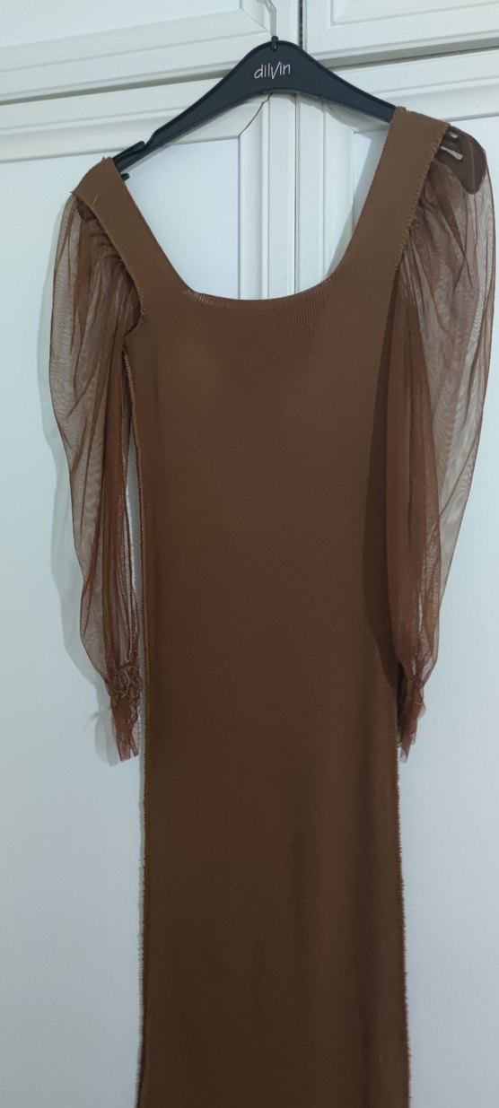 Kollari Tüllü Taba Triko Elbise - Görsel 5