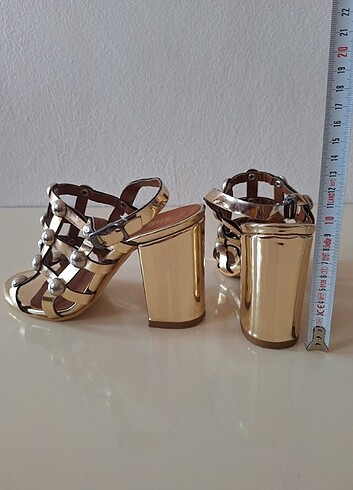 37 Beden altın Renk Shoe tek gold troklu kalın topuklu ayakkabı