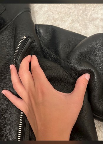 Siyah Kürklü Deri Biker Ceket - Görsel 3