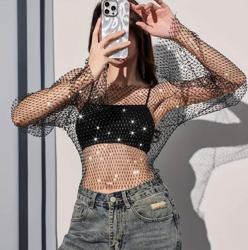 Parlak Siyah Pul Detaylı Bluz - Görsel 3