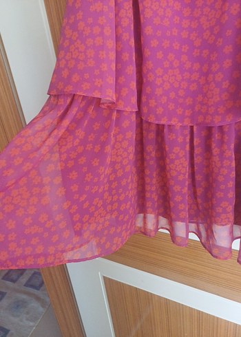 38 Beden pembe Renk Pembe Bohem Volanlı Mini Elbise