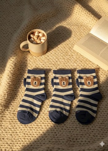 Unisex  Çizgili Ayıcık Desenli Çorap - Görsel 5