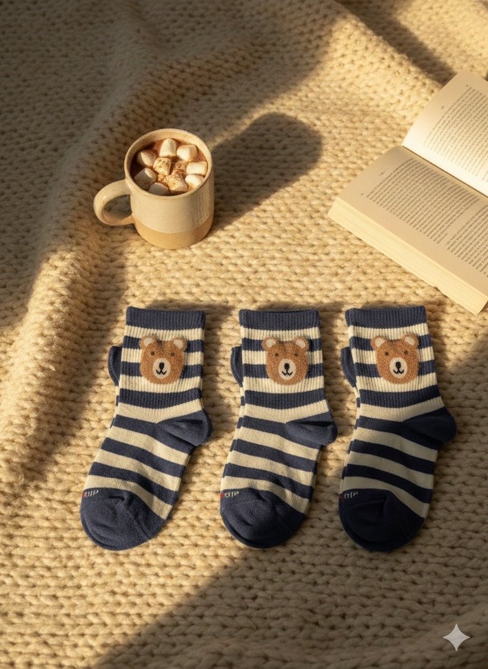 Unisex  Çizgili Ayıcık Desenli Çorap - Görsel 5