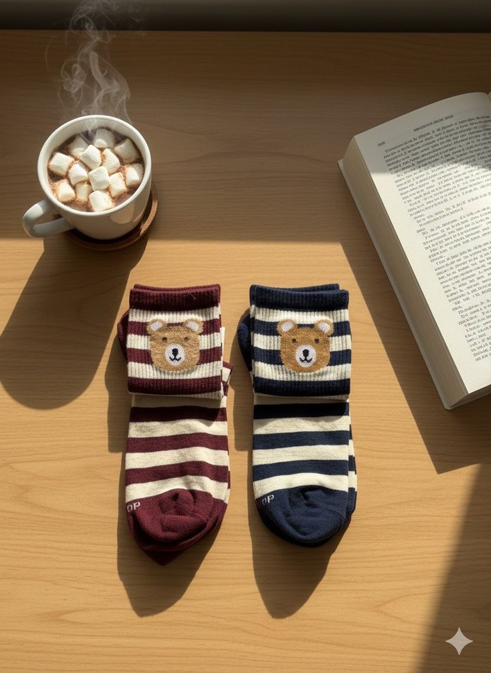 Unisex  Çizgili Ayıcık Desenli Çorap - Görsel 3