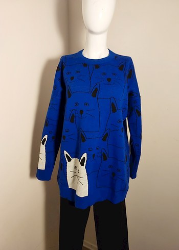 Örgü Kedi Desenli Lacivert Streetwear Kazak - Görsel 3