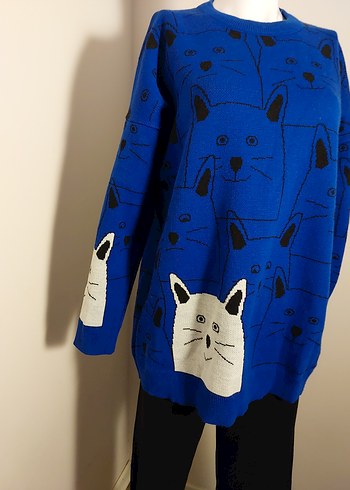 Örgü Kedi Desenli Lacivert Streetwear Kazak - Görsel 4