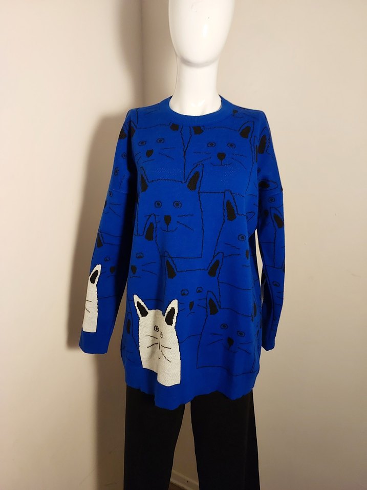 Örgü Kedi Desenli Lacivert Streetwear Kazak - Görsel 3