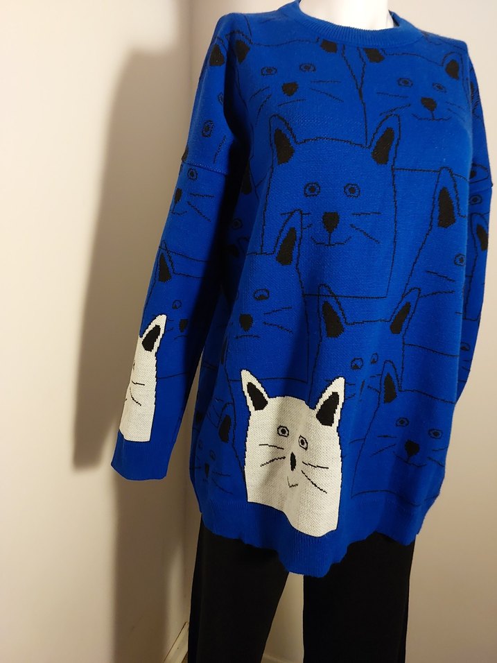 Örgü Kedi Desenli Lacivert Streetwear Kazak - Görsel 4