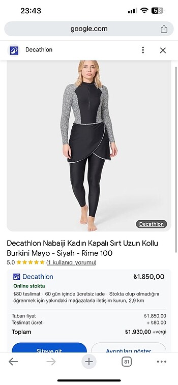xl Beden siyah Renk Quechua marka haşema tesettür mayo