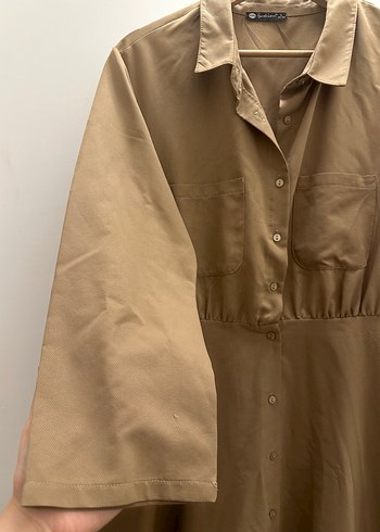 Bej Düğmeli Uzun Keten Elbise - Görsel 3