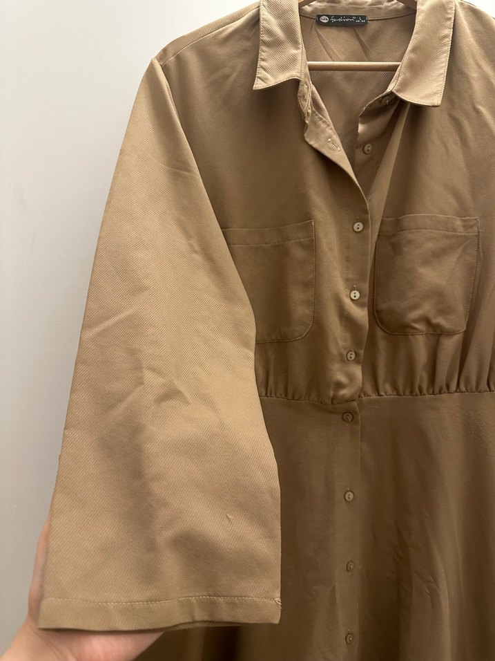 Bej Düğmeli Uzun Keten Elbise - Görsel 3