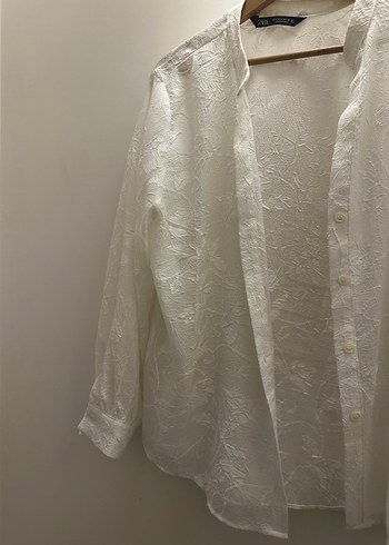 Nakışlı Beyaz Keten Uzun Kollu Gömlek - Görsel 3