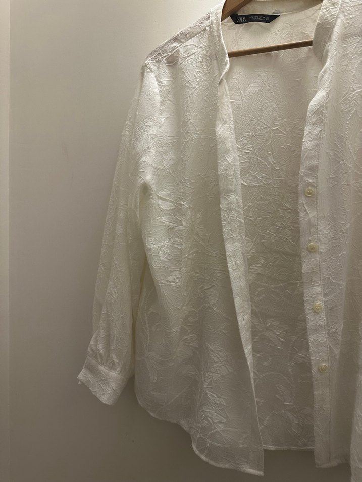Nakışlı Beyaz Keten Uzun Kollu Gömlek - Görsel 3