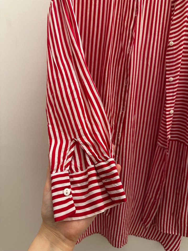 Kırmızı Çizgili Uzun Kollu Kadın Gömlek - Görsel 2